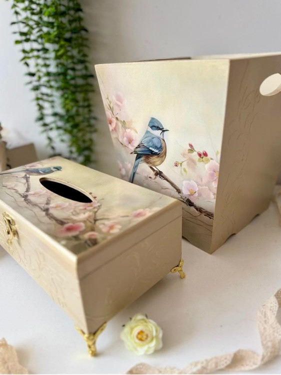 سطل و جعبه دستمال کاغذی کرم طلایی