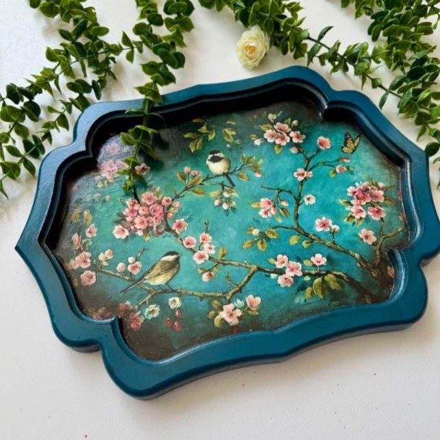 سینی چوبی لبه دالبر رنگ سبز آبی