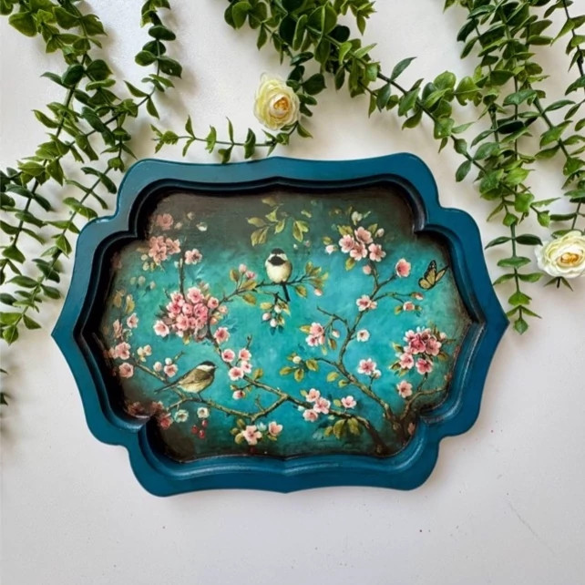 سینی چوبی لبه دالبر رنگ سبز آبی