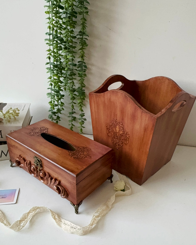 سطل و جادستمال کاغذی رنگ چوب فندوقی طرح برجسته