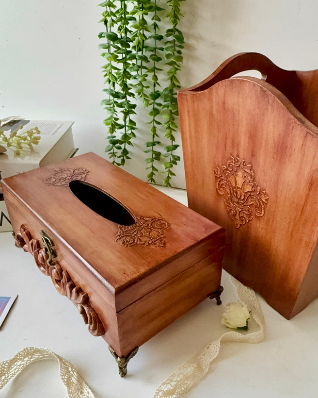 سطل و جادستمال کاغذی رنگ چوب فندوقی طرح برجسته